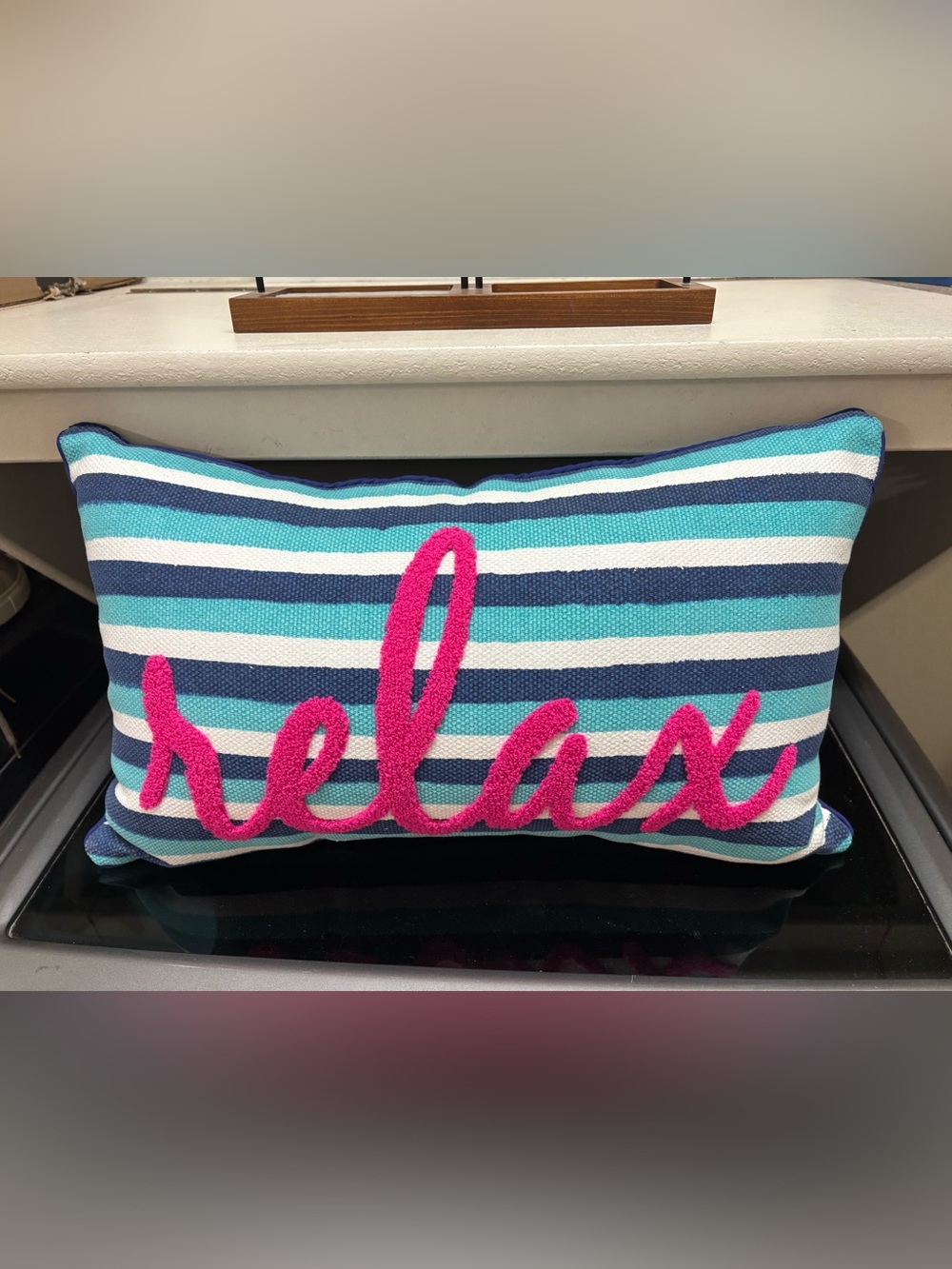 Striped Blue 'Relax' Accent Pillow with Pink Script